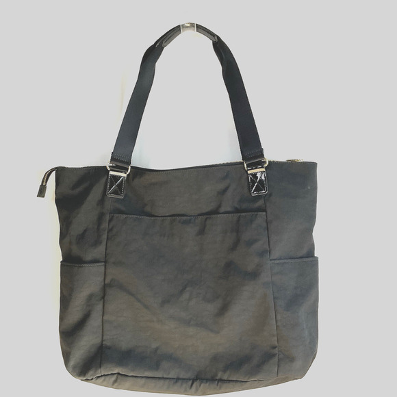 Kipling Black Nylon Tote Bag Gold Logo Patent Trim Large Shoulder Travel Work - Picture 2 of 14